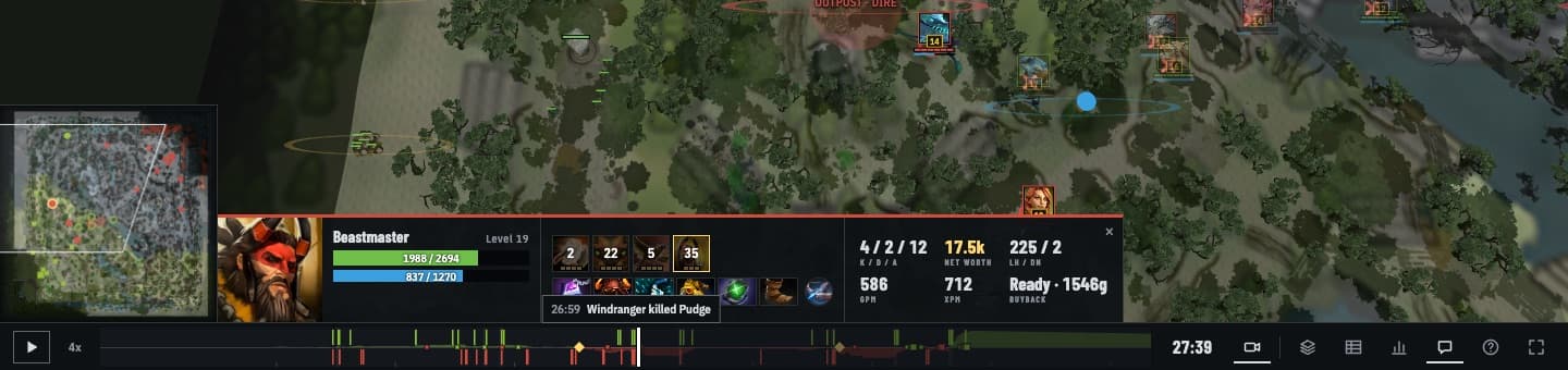The replay timeline with a hover label reading 26:59 Windranger killed Pudge