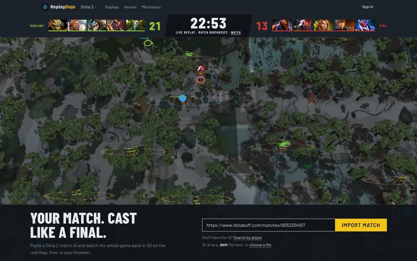 The ReplayDojo home page with a Dotabuff match link pasted into the import field