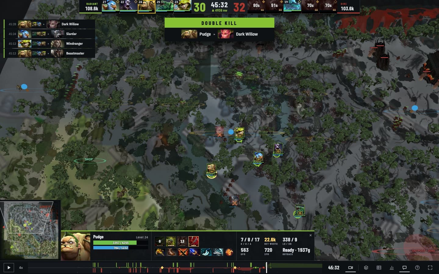 A late-game teamfight in the ReplayDojo viewer with the kill feed, a double kill banner and Pudge's hero card